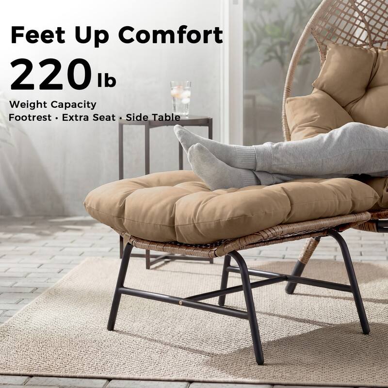 Set of 2 Outdoor Wicker Egg Chairs with Ottomans, 4-Piece Patio Lounge Chair Set, 6.5" Thick Cushions, 440 lbs Capacity