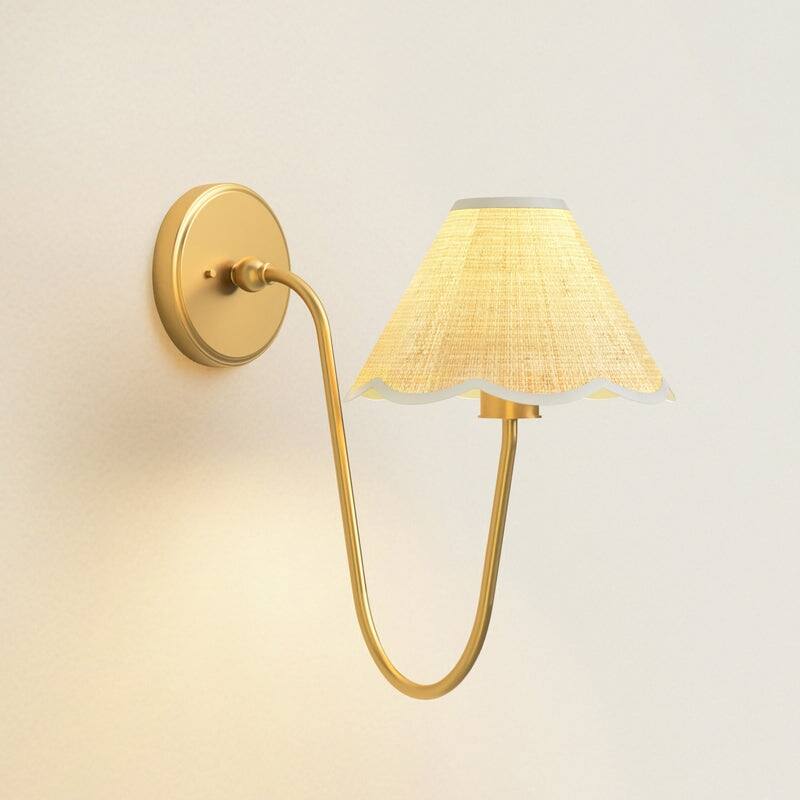 Rowabi Soleil Curve Arm Sconce - Metal, Raffia & Natural, Gold Wall Sconce for Bedroom, Hallway in Modern, Mid-Century Style - Clamp Cone Raffia Shade