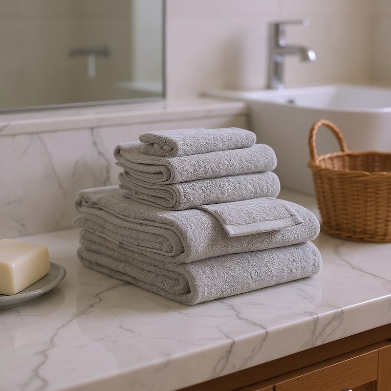 HomeRoots Set of Six Light Gray Cotton Quick Dry Terry Cloth Towels - 54.00' X '30.00' X '1.00 - Light Gray