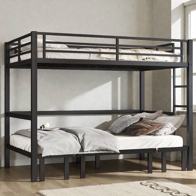 Twin XL Over Twin XL Metal Bunk Bed with Pull-Out Trundle, Convertible 3-Section Lower Bed, Safety Guardrails