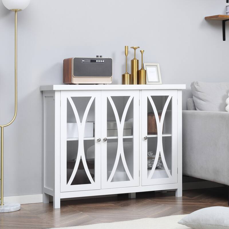 Buffet Cabinet with 3 Tempered Glass Doors, Arc Pattern and Adjustable Storage She