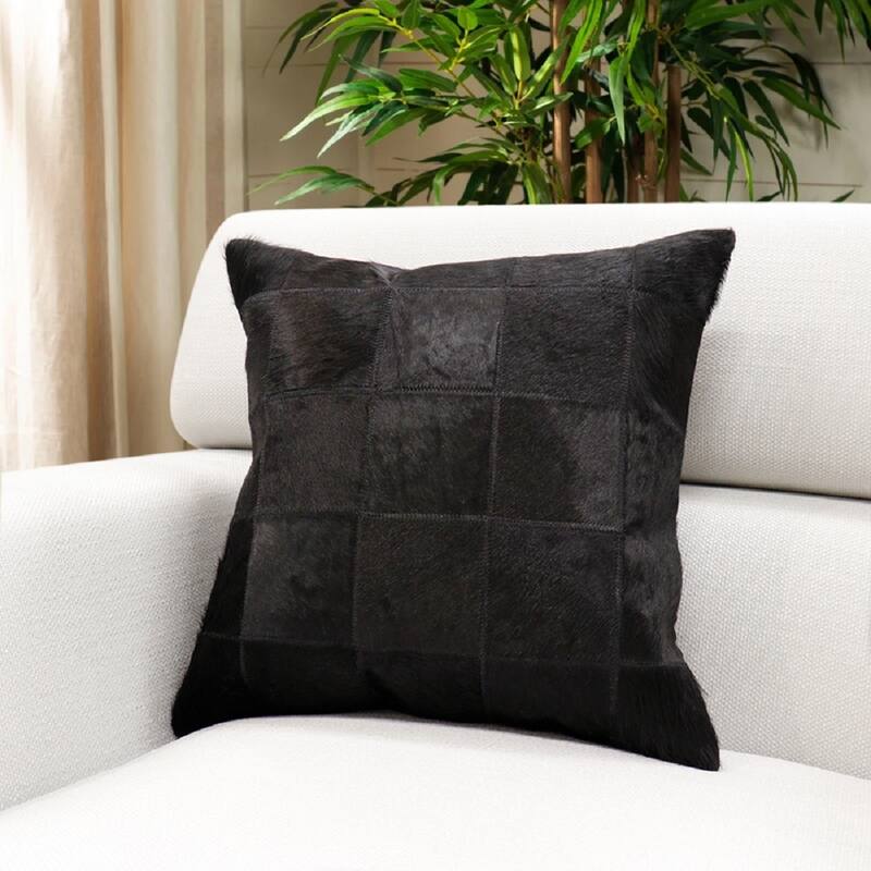 Pasargad Home Safari Checkered Black Cowhide 17" Decorative Pillow