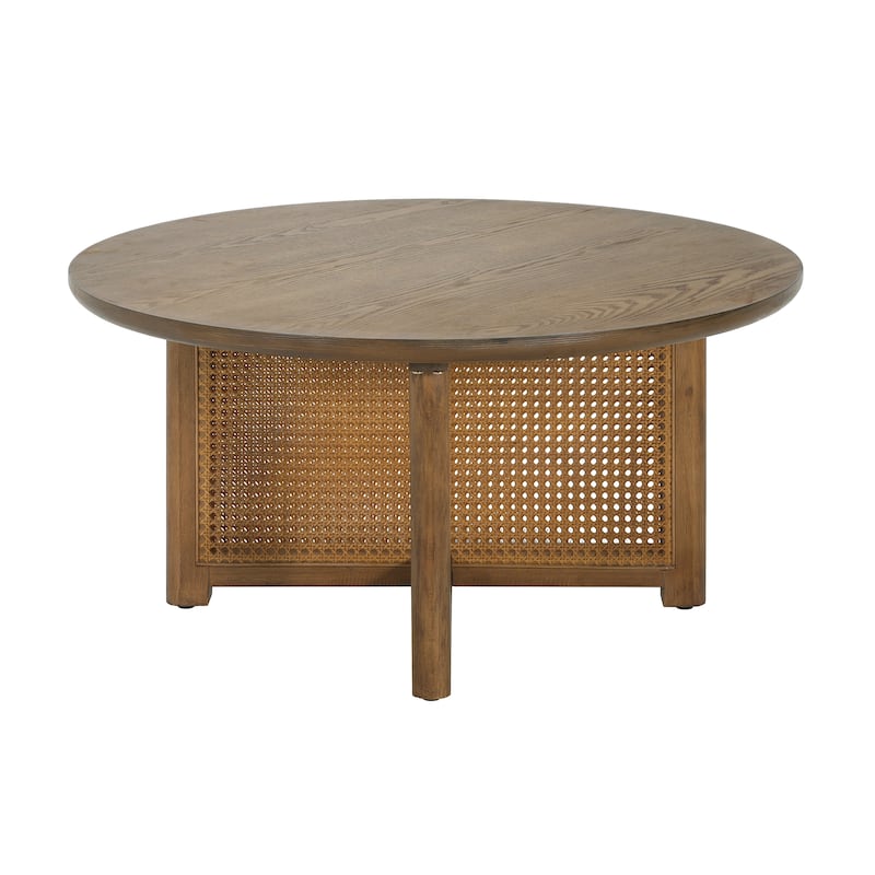 32'' Rattan Coffee Table Round Side Table, Wood Center Table End Table Rustic Dining Table for Living Room