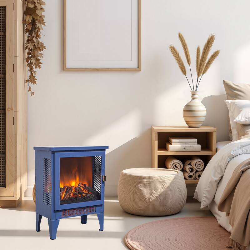 17 Inch Freestanding Electric Fireplace Stove with 3D Flame Effect in Classic Blue - Aqua Blue