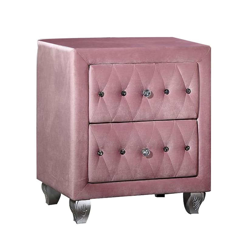 Zoha 26 Inch Nightstand, 2 Drawer, Cabriole Legs, Wood, Pink Upholstery - Pink, Silver - 2-drawer