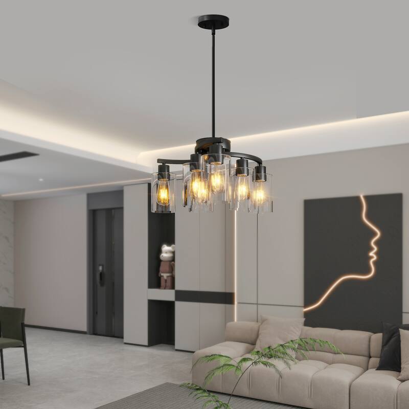 6-Light Modern Farmhouse Black Chandelier - Adjustable, Kitchen, Dining - Clear Glass
