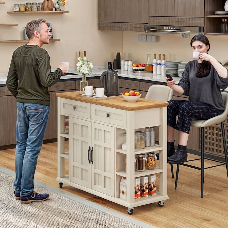 Rolling Kitchen Island Kitchen Cart Storage Cabinet with Open Shelves