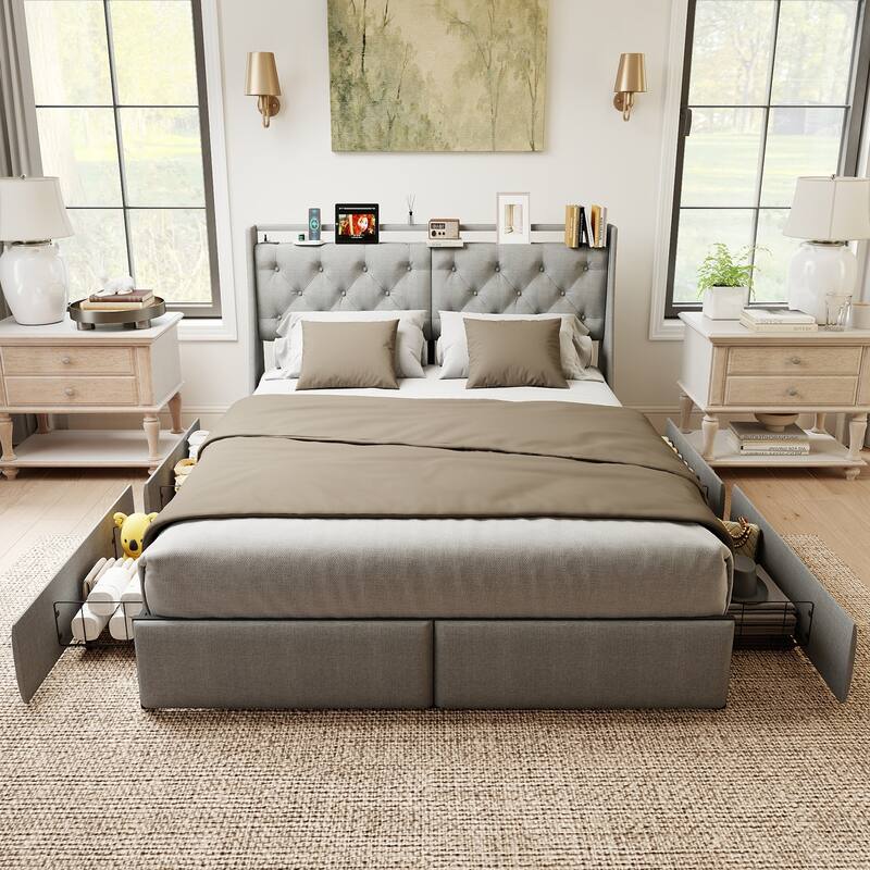 Metal Platform Bed Frame with Underbed Storage Drawers, LED Storage Headboard with Charging Station