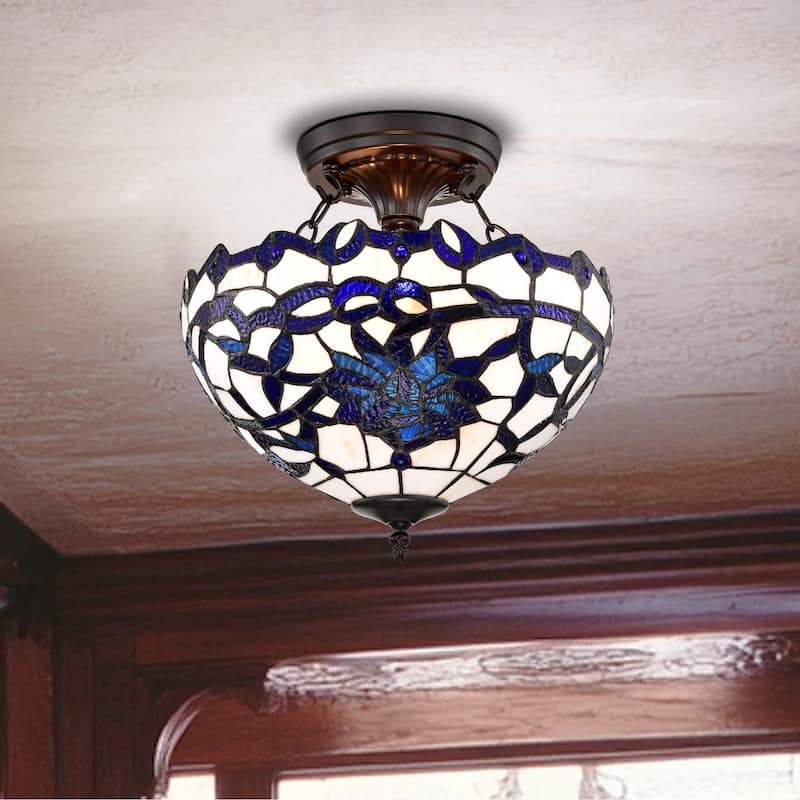 Vayne Blue/White 2-Light Stained Glass Bowl Shade Tiffany-Style Semi-Flush Mount
