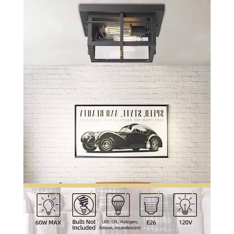 2 - Light 12.2'' Square Black Glass Shade Flush Mount Lighting - 12.2