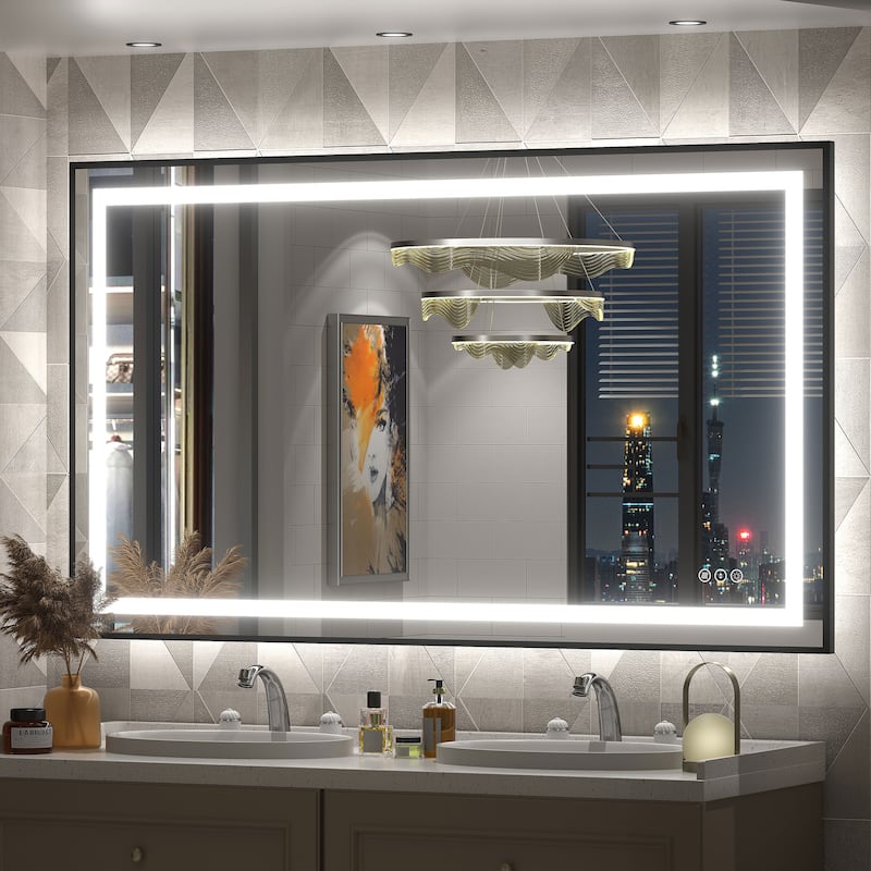 Black Metal Framed LED Front Light and Backlit Anti-Fog Wall Bathroom/ Vanity Mirror - 51" x 30"-Square Corner - Black