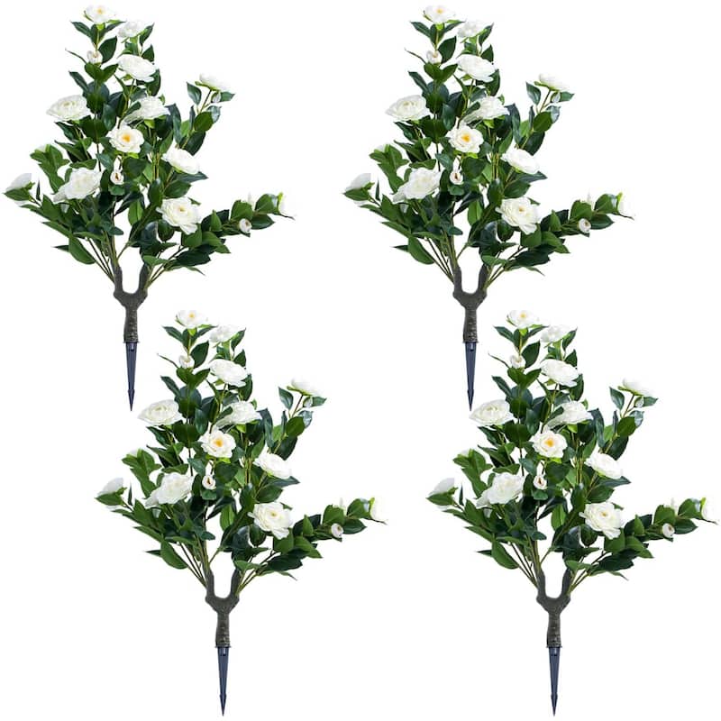 Set of 2/4 Artificial Topiary Ball Trees with Metal Stakes with Camellia Flowers - White 4 pcs