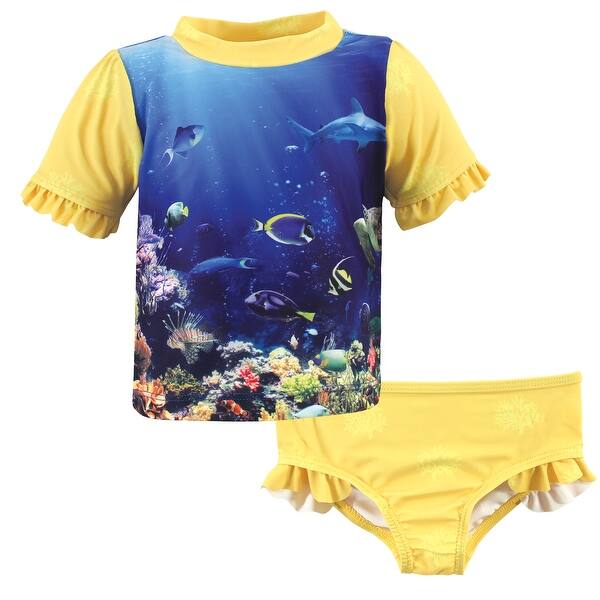 slide 1 of 1, Hudson Baby Infant Girl Swim Rashguard Set, Girl Coral Reef 12-18 Months - Girl Coral Reef