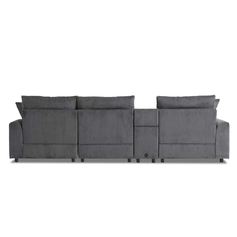 Roomfitters 112" Corduroy Sectional Sofa, L Shaped Couch with Console, Deep Wide Seat, Ottoman, Dark Gray
