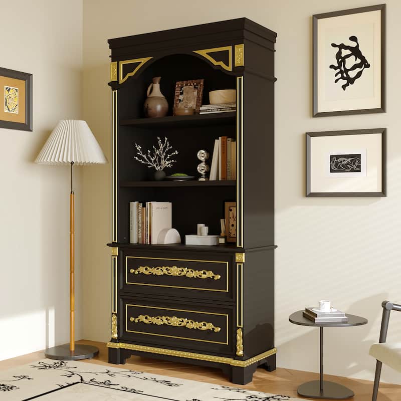 Black & Gold Display Cabinet with Shelves and Drawers, Elegant Glossy Bookcase for Living Room Storage
