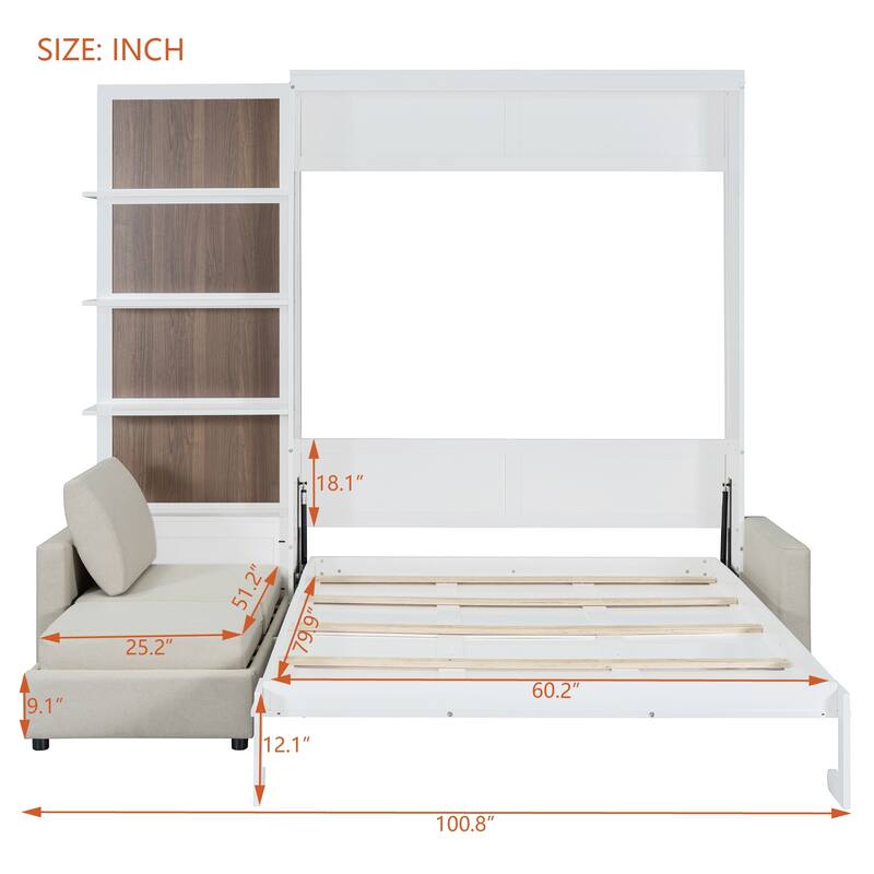 Queen Size Murphy Bed Wall Bed with Sofa and Shelves
