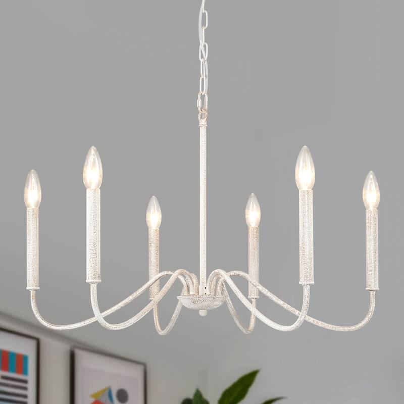 25.59'' W 6-Light Simple Candle Chandelier, Industrial Chandelier, Traditional Metal Ceiling Light for Dining Living Room - Distressed White