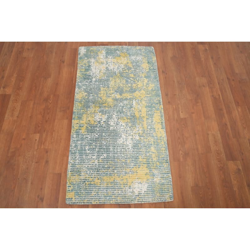 Hand Knotted Oriental Viscose Silk Carpet Modern Abstract Green Abstract Area Rug - 3' 10'' X 2' 0''