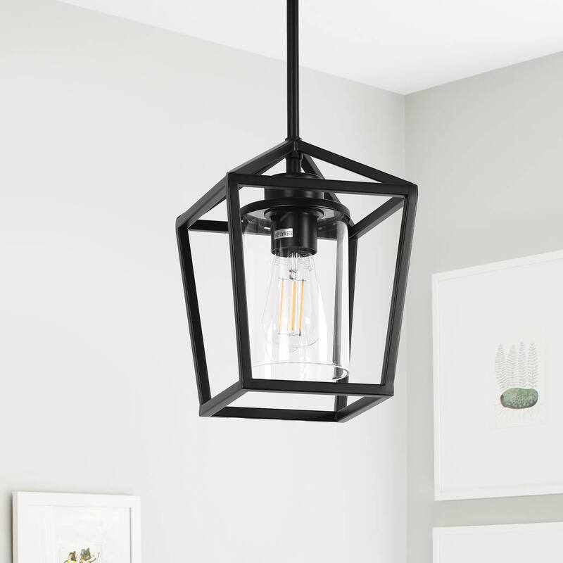 Matte Black Farmhouse Cage Pendant Light with Clear Glass Shade, Adjustable Height - 7.09 in.