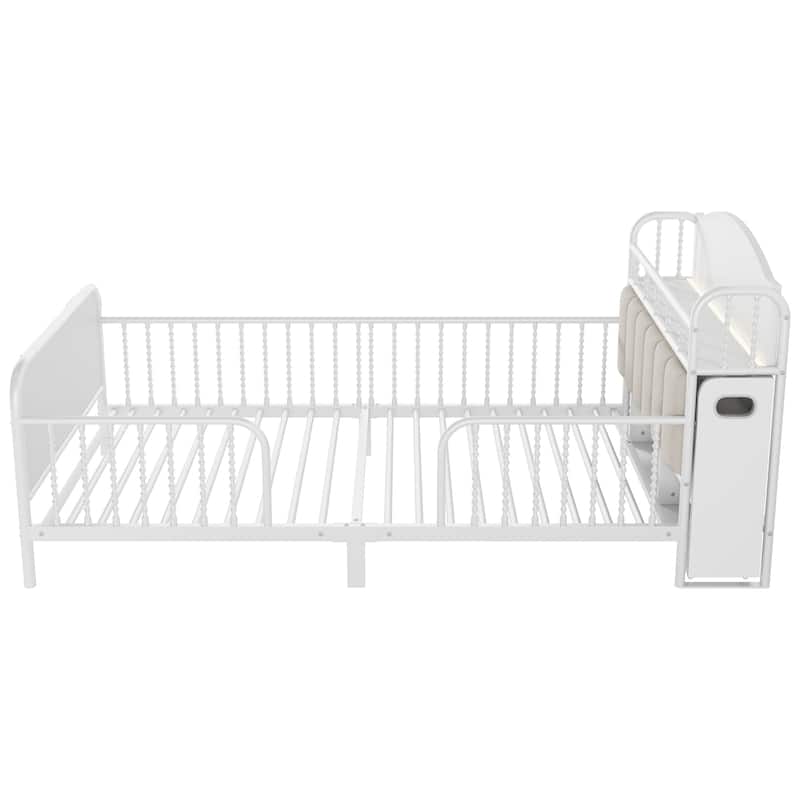 Kids Platform Bed Metal Frame with Linen Fabric Upholstered Storage Headboard Built-in Light Strip, Both Sides Rails