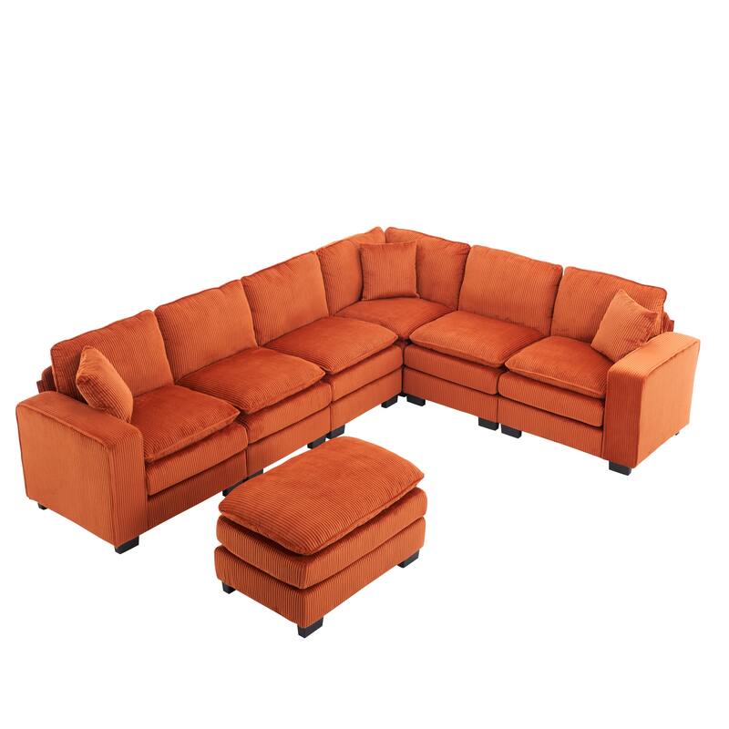 Modular Sectional Sofa for Living Room, U Shaped Sofa Couch with Ottoman and Three Toss Pillows, Corduroy Fabric Sofa Set
