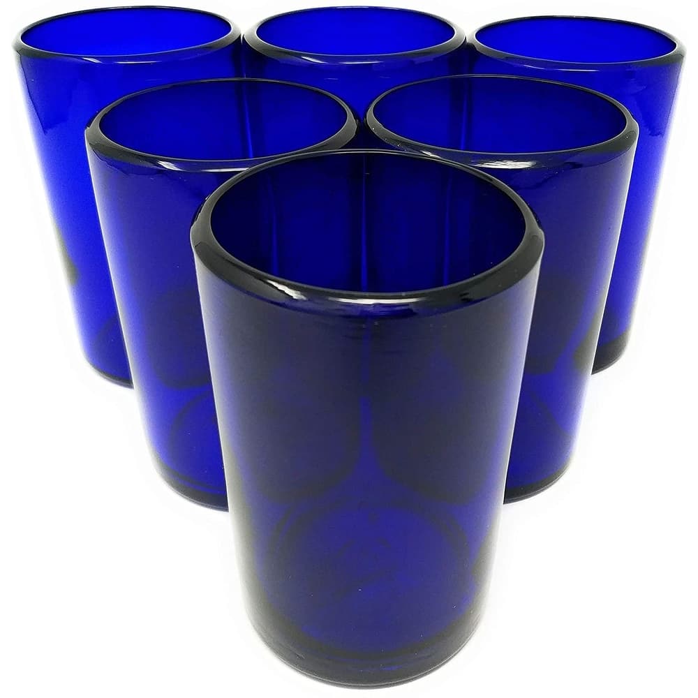 Dos Sueños Hand Blown Mexican Drinking Glasses - Set of 6 Cobalt Water Glasses (14 oz each)