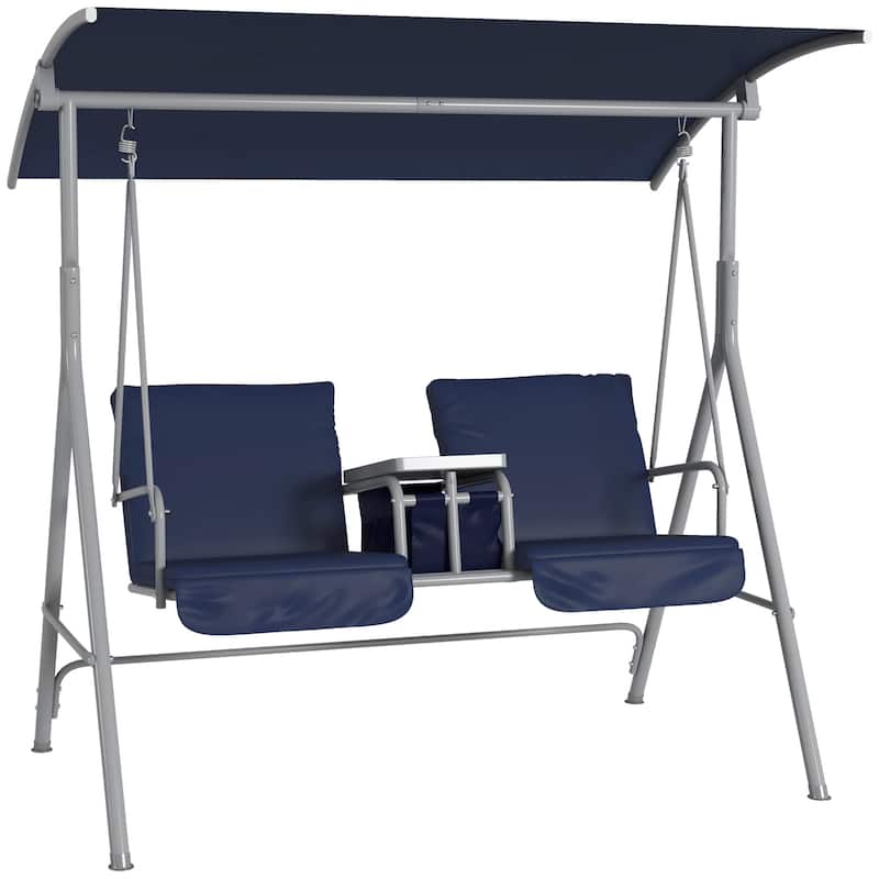 Outsunny 2 Person Porch Swing with Stand, Outdoor Swing with Canopy, Pivot Storage Table, 2 Cup Holders, Cushions for Patio,