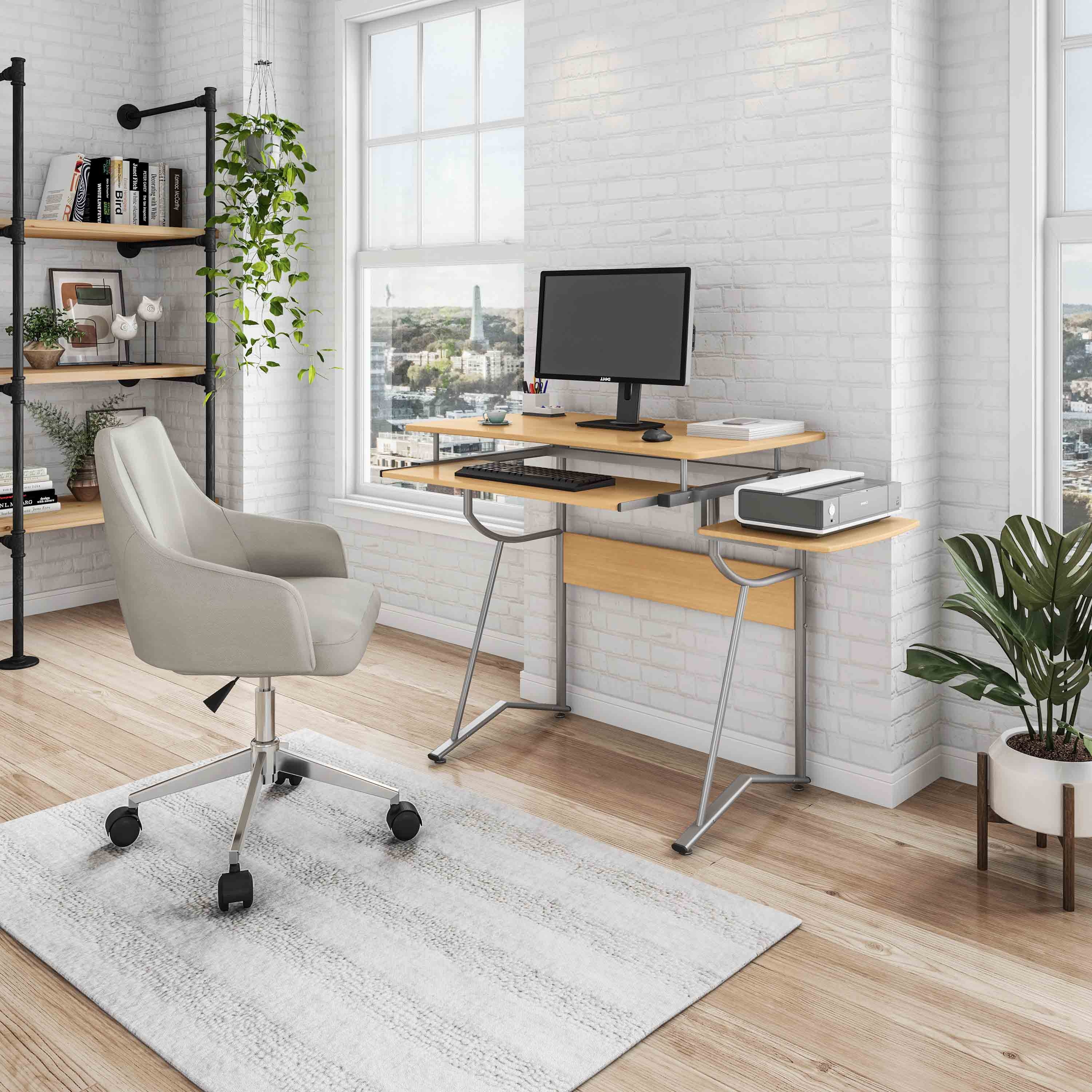 White computer desk shop with printer shelf