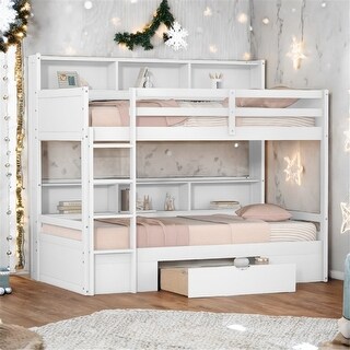 Twin Size Bunk Bed with Built-in Shelves and Storage Drawer