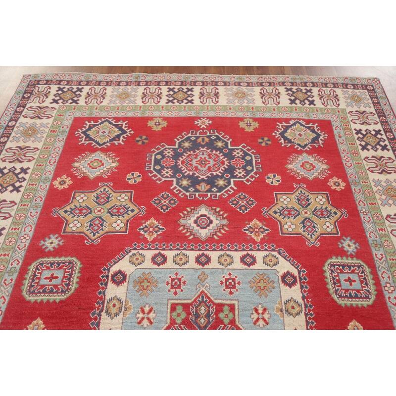 Hand Knotted Oriental 100% Wool Carpet Traditional Geometric Red Kazak Area Rug - 9' 8'' X 6' 3''