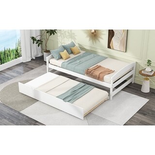 Twin Size Wood Platform Bed with Twin Size Trundle,White