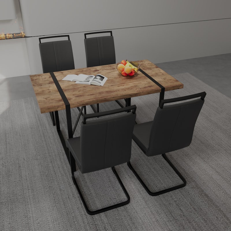 Modern 5-Piece Dining Set with Dark MDF Rectangular Table & 4 High Back Black Metal Legs Chairs