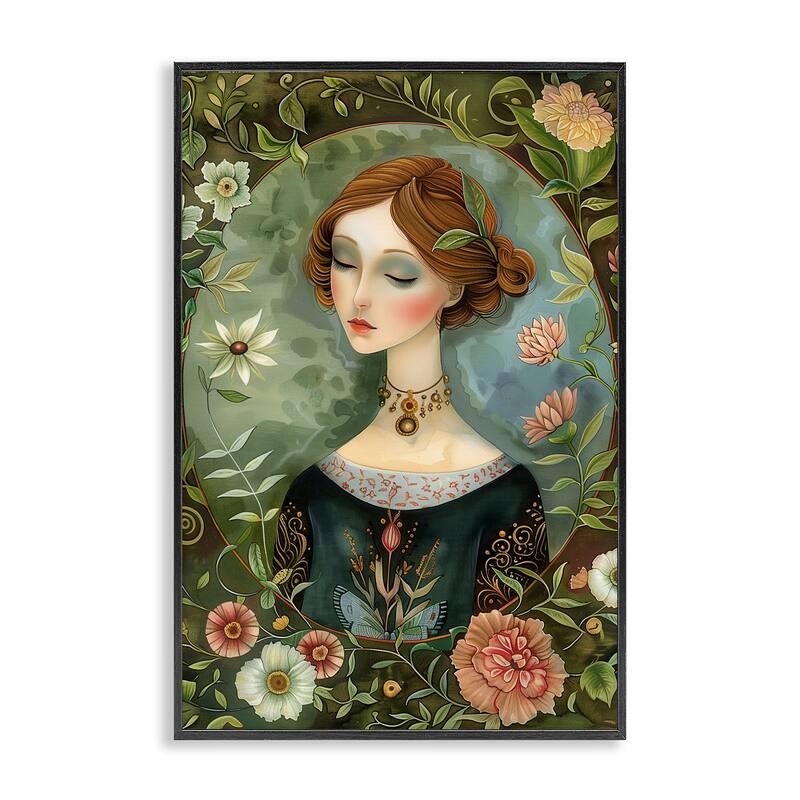 Stupell Floral Edged Victorian Woman Framed Giclee Art Design By The Dutch Lady - 20 x 30 - Black