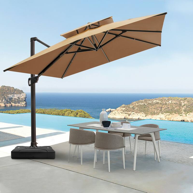 Pellebant 10 ft Double Top Patio Cantilever Umbrella with Base - Tan