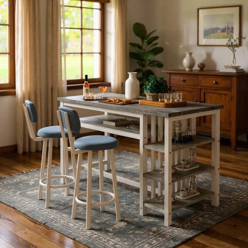 3-Piece Dining Room Table Set with 2 Upholstered Bar Stools, Modern Farmhouse Bar Table Set for 2 with Multiple Tier Shelves
