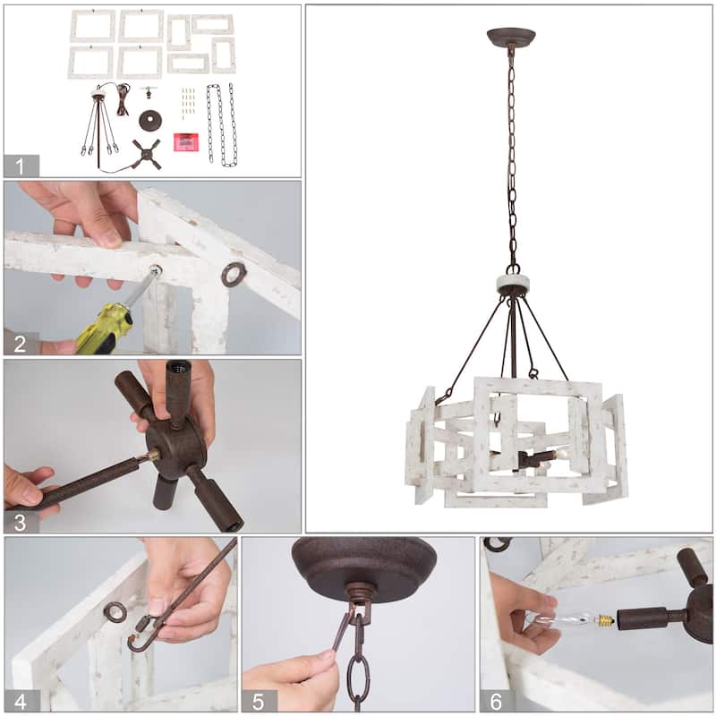 Coastal Rustic 4-light Drum Kitchen Island Chandelier Cottage Wood Ceiling Lights Dining Room Foyer - D 20'' x H 83.5''