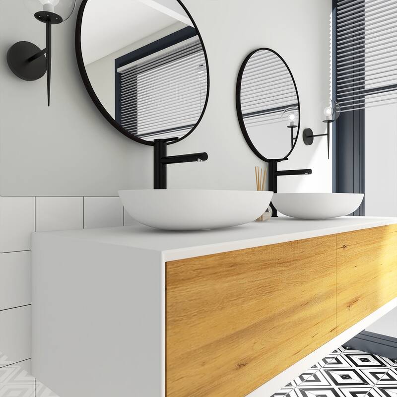 Wall Mounted Bathroom Vanity Set with White Solid Surface Top and Vessel Sink