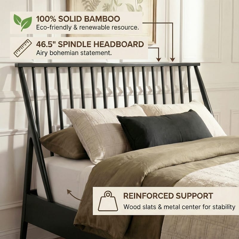 Bohemian Bamboo Spindle Platform Bed Frame with Wooden Slats and Metal Support, No Box Spring Needed, Low Profile Wingback Bed