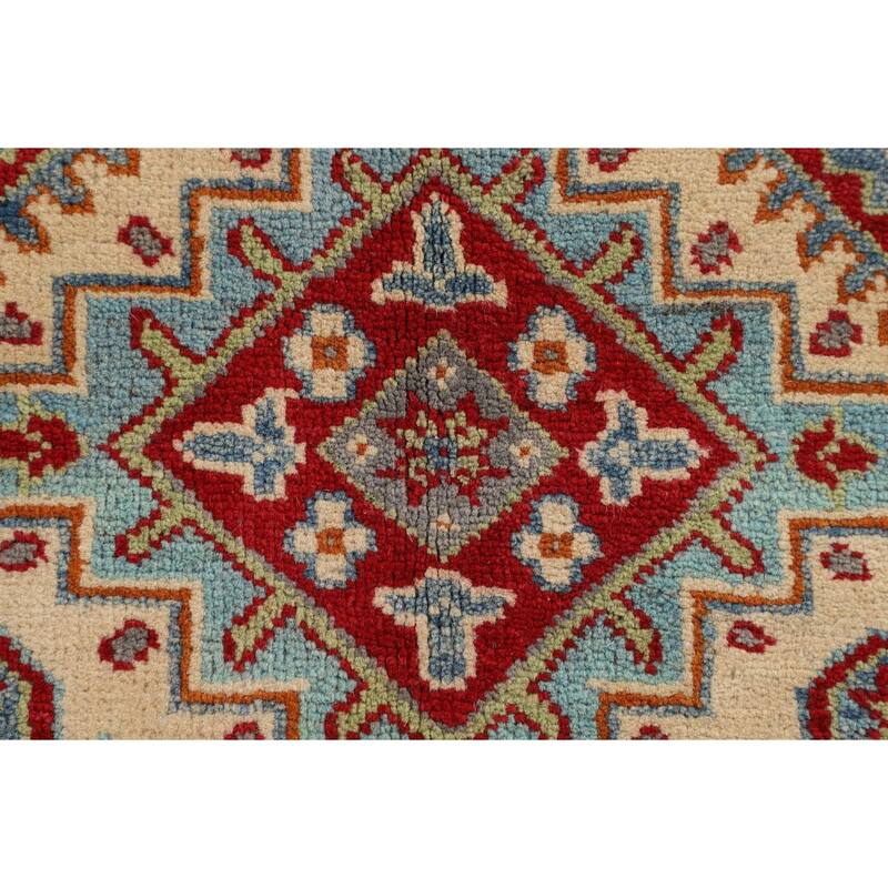 Geometric Beige Kazak Accent Rug Hand-Knotted Oriental Wool Carpet - 3'4" x 4'9"