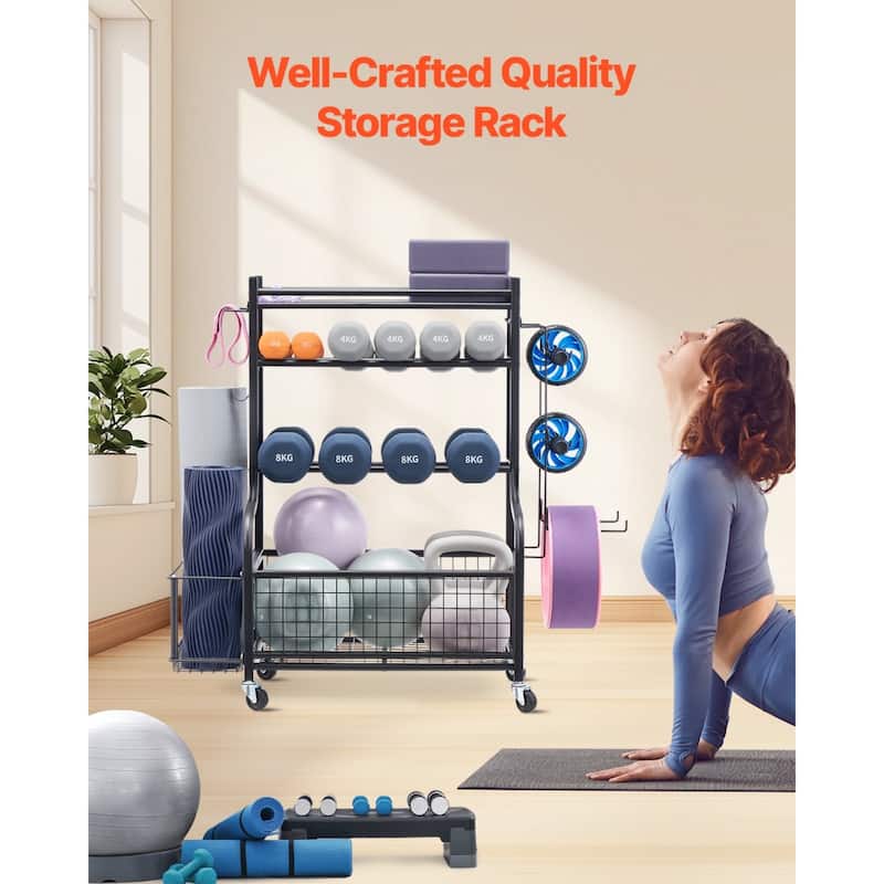 Black Steel Gym Rack with Wheels, Hooks and 4-Tier Storage Shelf - 40.6” L x 16” W x 38” H