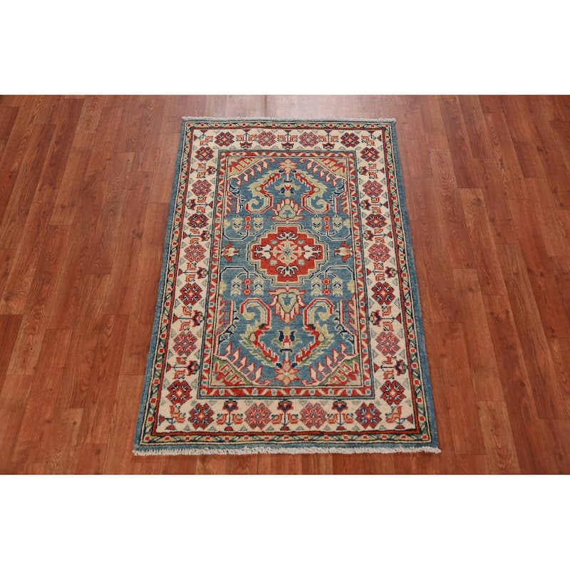 Blue Geometric Kazak Oriental Foyer Rug Handmade Wool Carpet - 2'9"x 4'11"