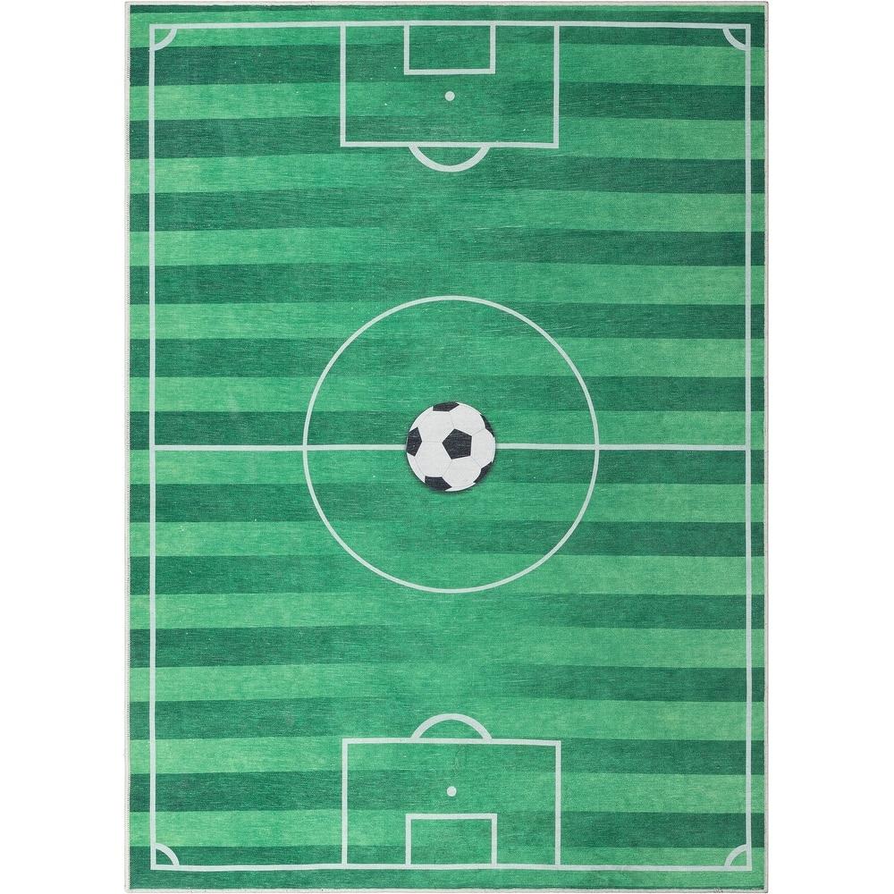 Well Woven Kids Rugs Soccer Field Modern Machine Washable Area Rug
