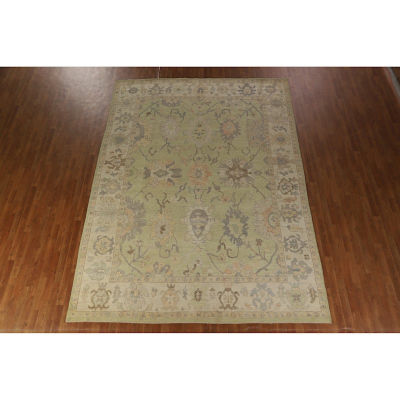 Hand Knotted Oriental 100% Wool Carpet Transitional All-Over Green Oushak Area Rug - 12' 1'' X 8' 11''
