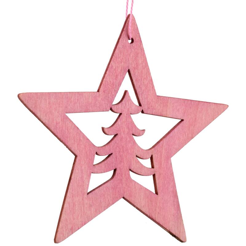 Cut Out Pine Tree in Wooden Star Christmas Ornament - 4" - Pink