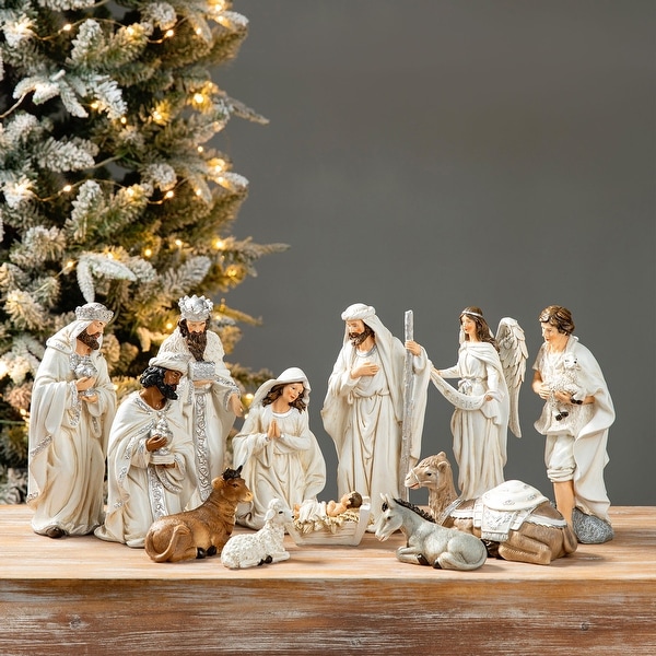 Glitzhome 12 Piece Oversized Deluxe Blue Resin Nativity Figurine Set