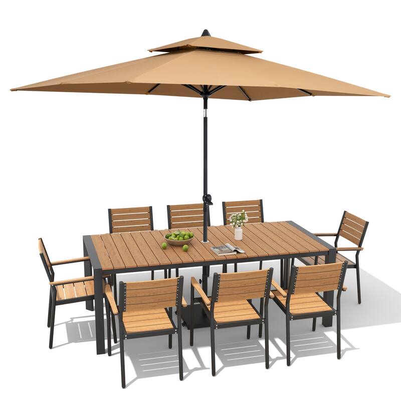 9/11-Piece Patio Dining Set Aluminum Dining Table and Chairs w/10 ft Market Umbrella and Base with Wheels