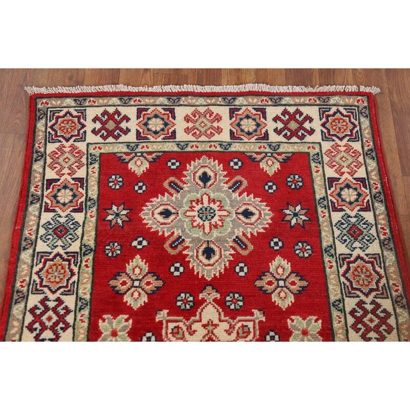 Kazak Oriental Accent Rug Hand-Knotted Red Geometric Wool Carpet - 2'8" x 4'2"