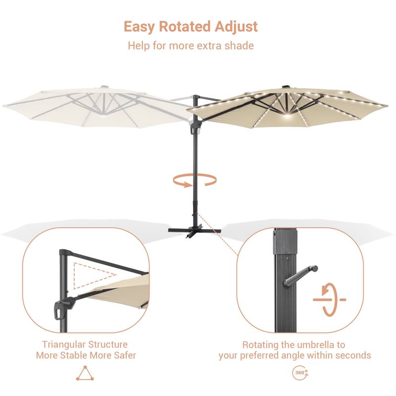 BONOSUKI 11FT LED Cantilever Patio Umbrella Angle Adjustment w/Cross Base