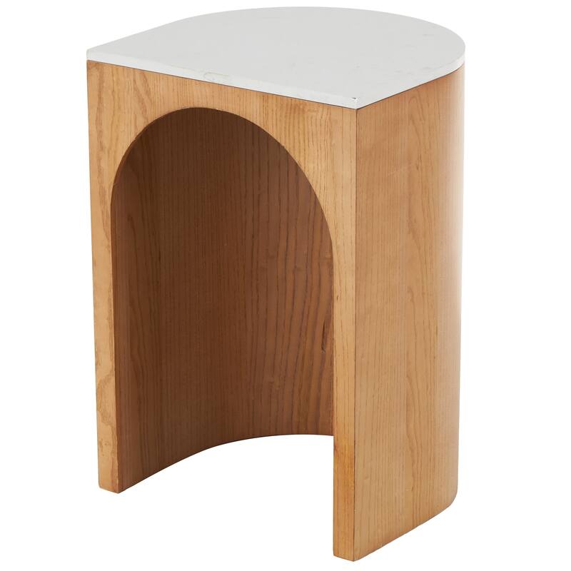 Brown or Black Wood Cutout Arch Side End Accent Table with White Marble Tabletop