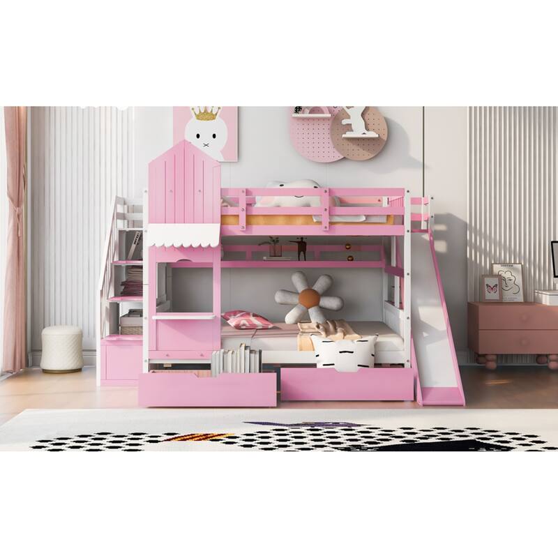 Roomfitters Full Over Full Castle Bunk Bed with Slide and Storage Stairs, Playhouse Design